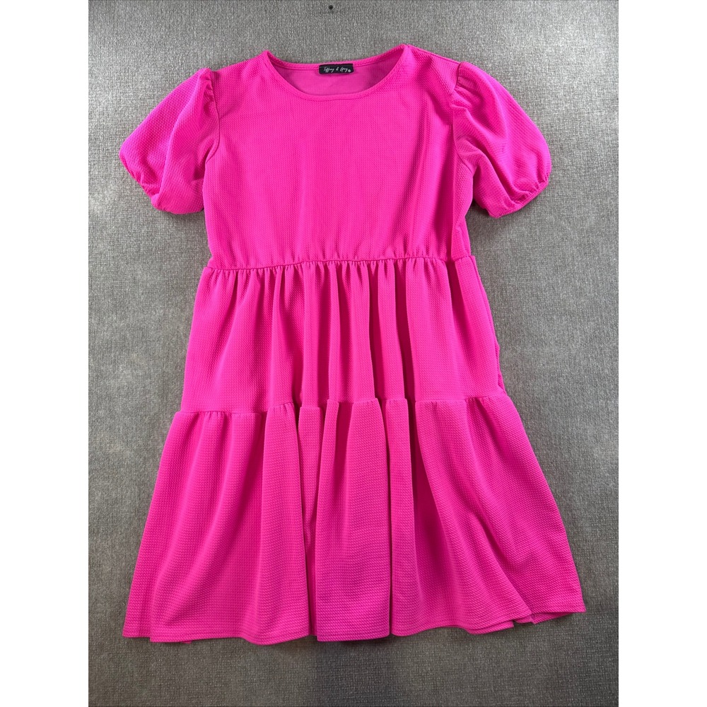 Tiffany & Grey Hot Pink Tiered Babydoll Dress 2X Textured Puff Sleeve comfort